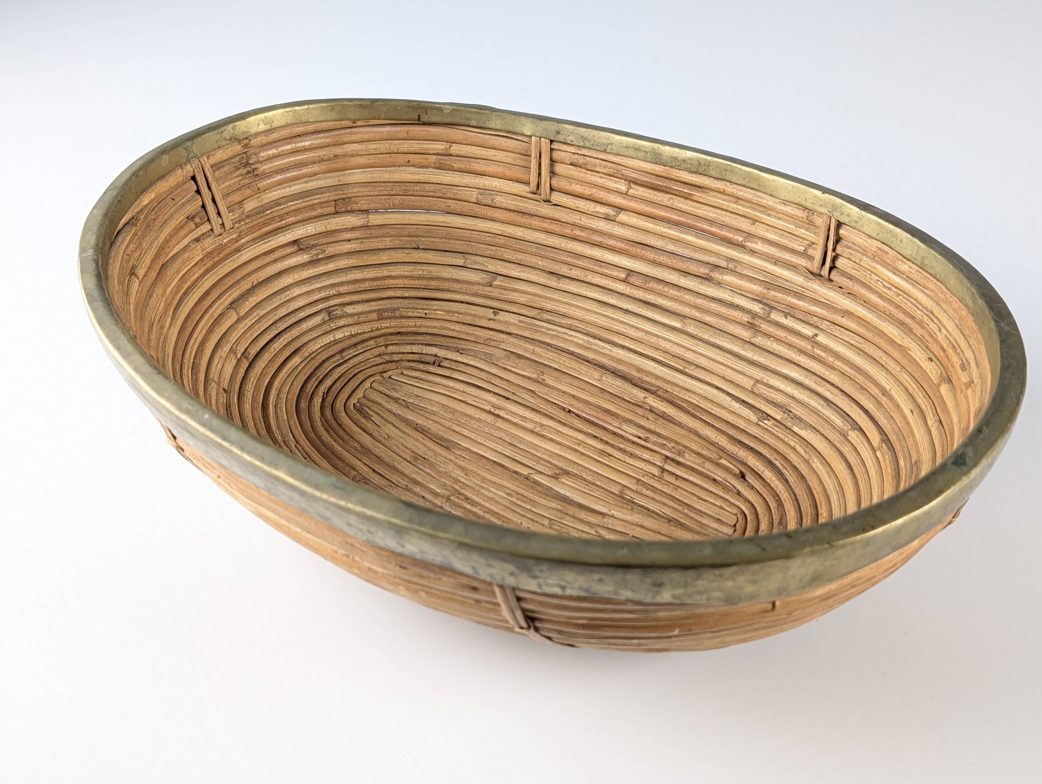 Italian oval rattan and brass centerpiece, mid-century style, 1970s