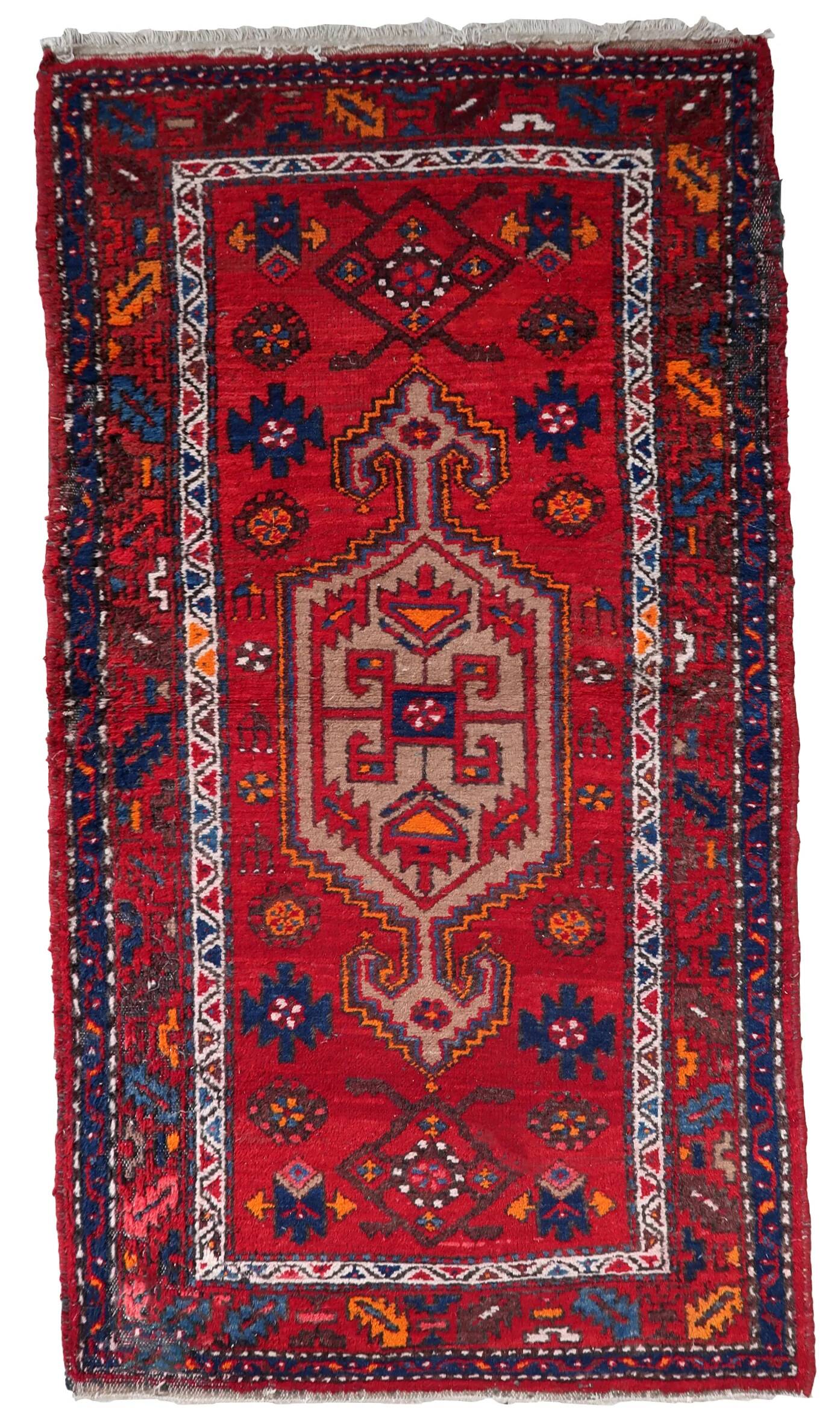 Handmade vintage Persian Hamadan rug 3.2' x 6.2' (100cm x 191cm) 1970s