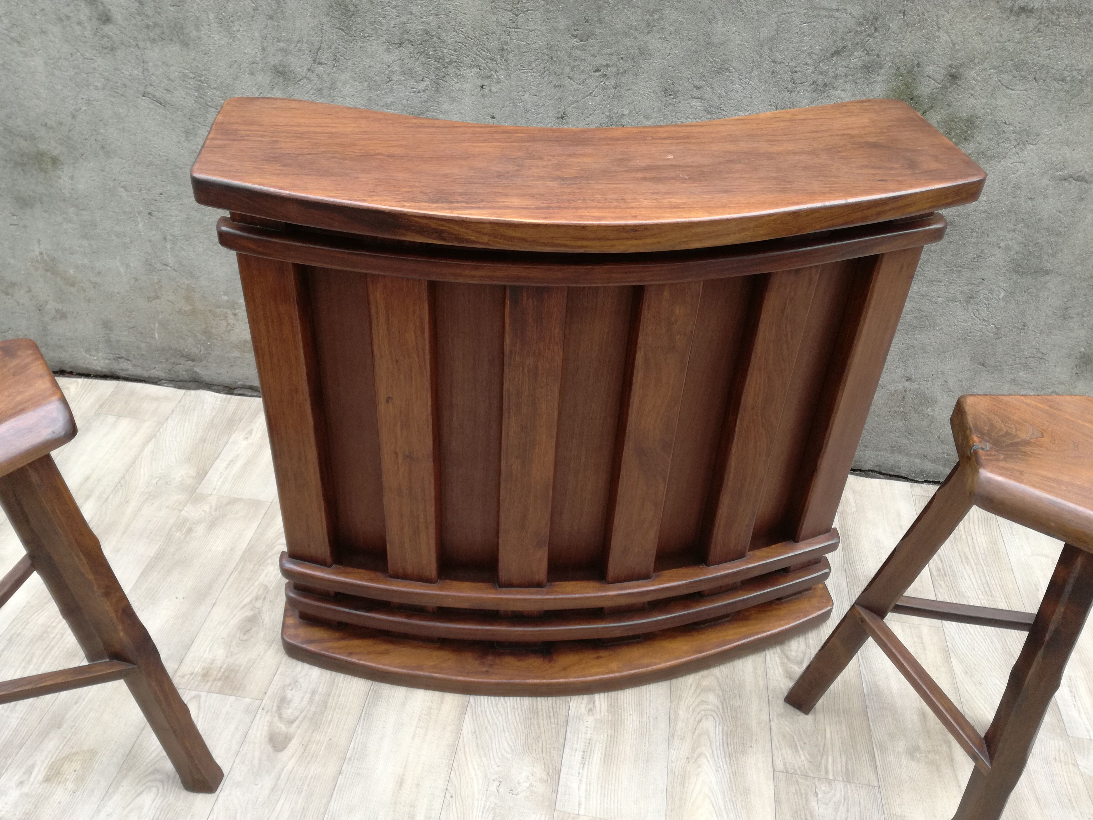 Bar and 2 brutalist stools in massive elm circa 1960