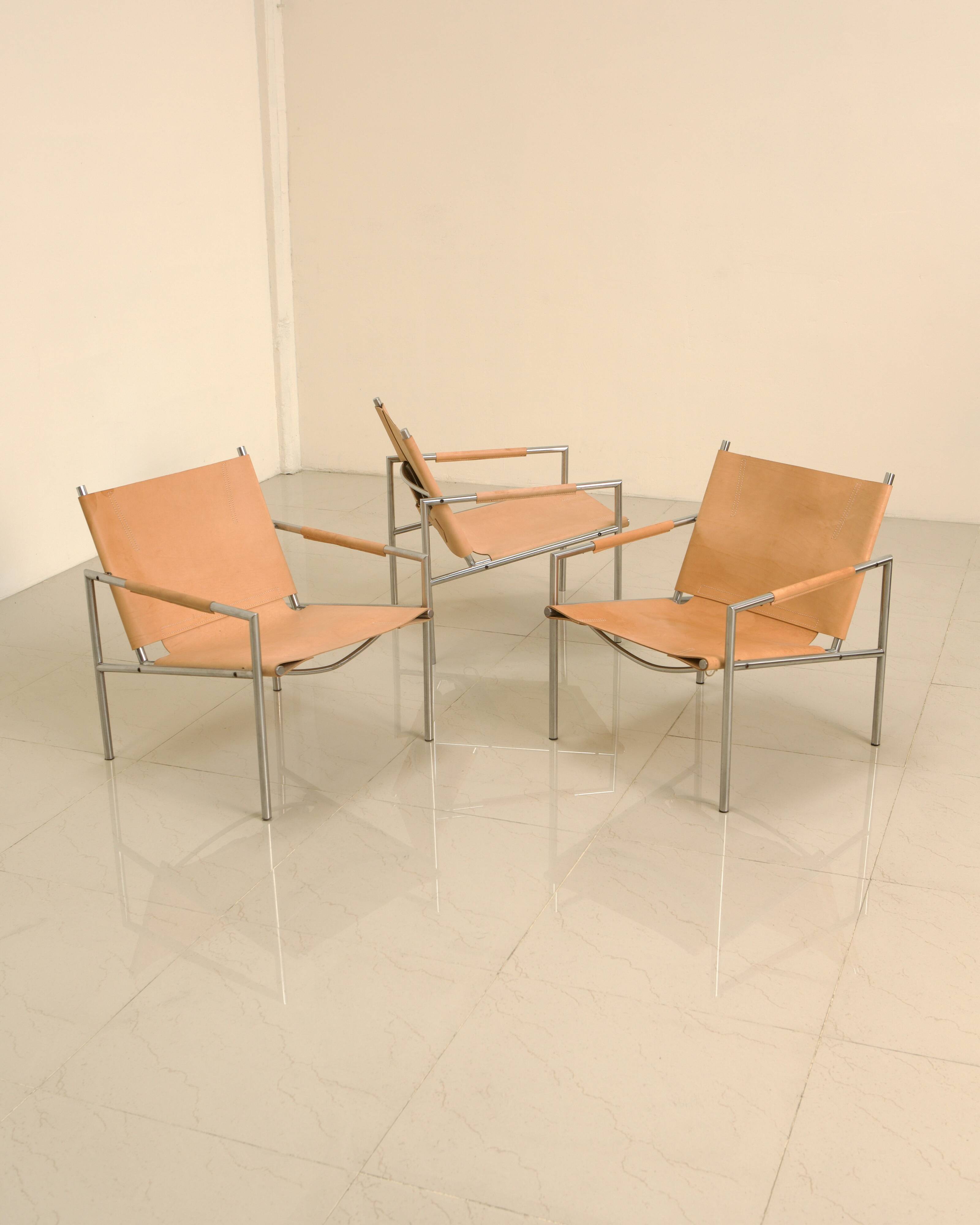 3 "SZ02" armchairs in natural beige leather by Martin Visser for Spectrum 60's