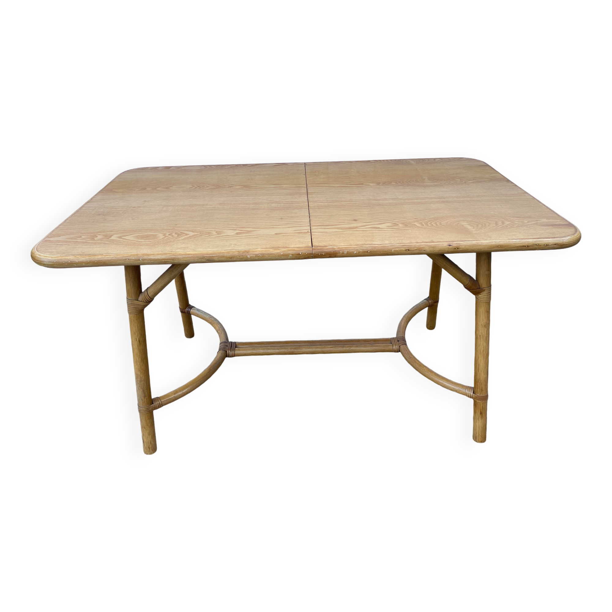 Vintage 80s extendable oak veneer rattan table