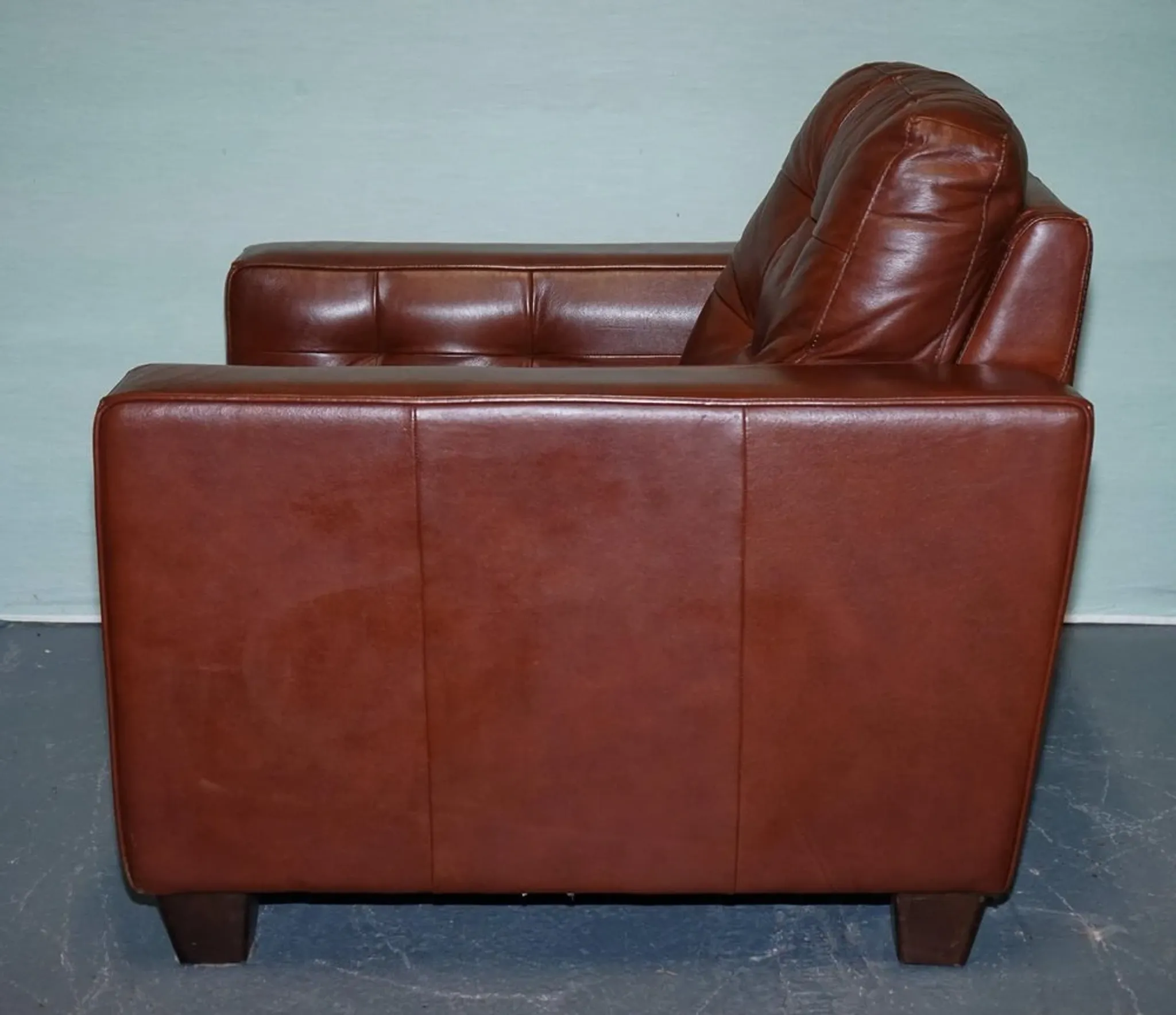 Vintage Minimalist Brown Leather Buttoned Armchair