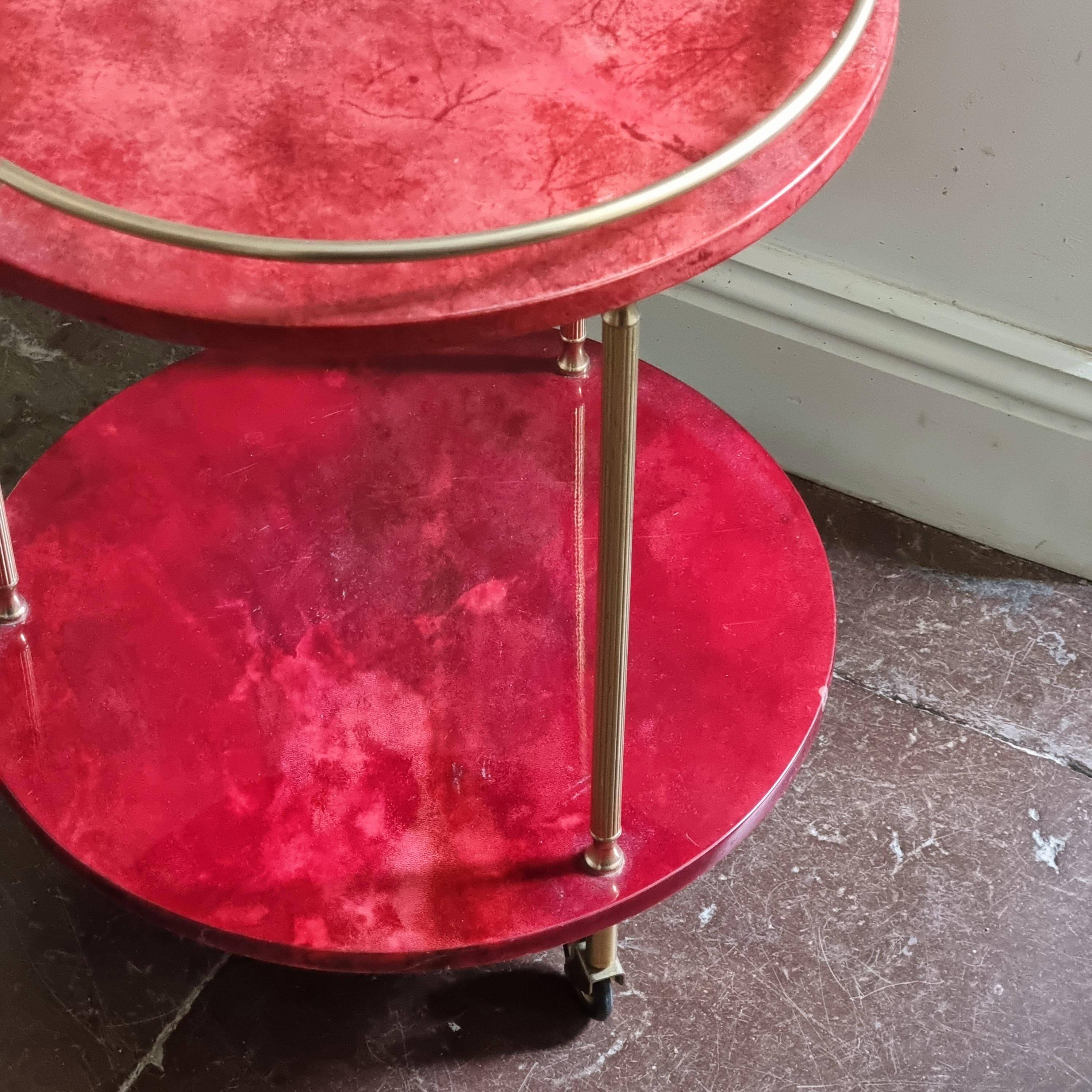 Aldo Tura bar cart, red goat leather, mid-century Italian / Hollywood Regency