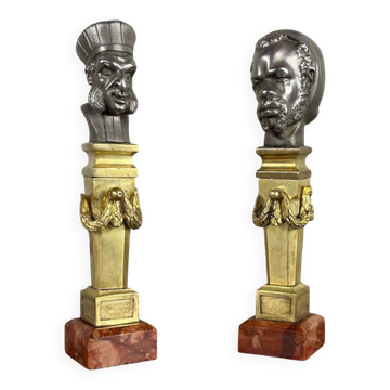Pair of Abyssinian busts in nickel on gilded bronze and marble bases, 19th century.