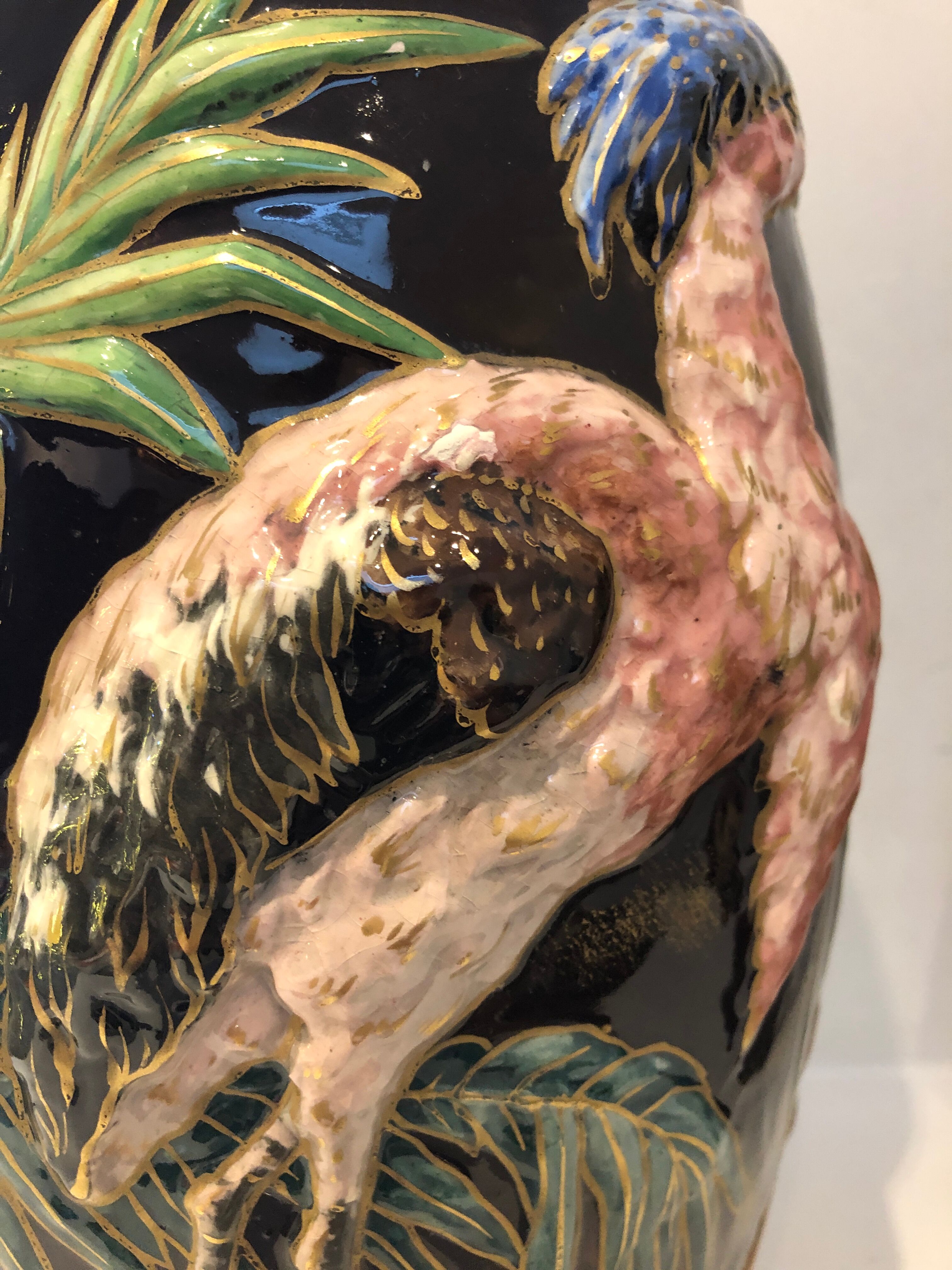 Paire de vases "Aux Hérons" Barbotine Longchamp, début 20ème