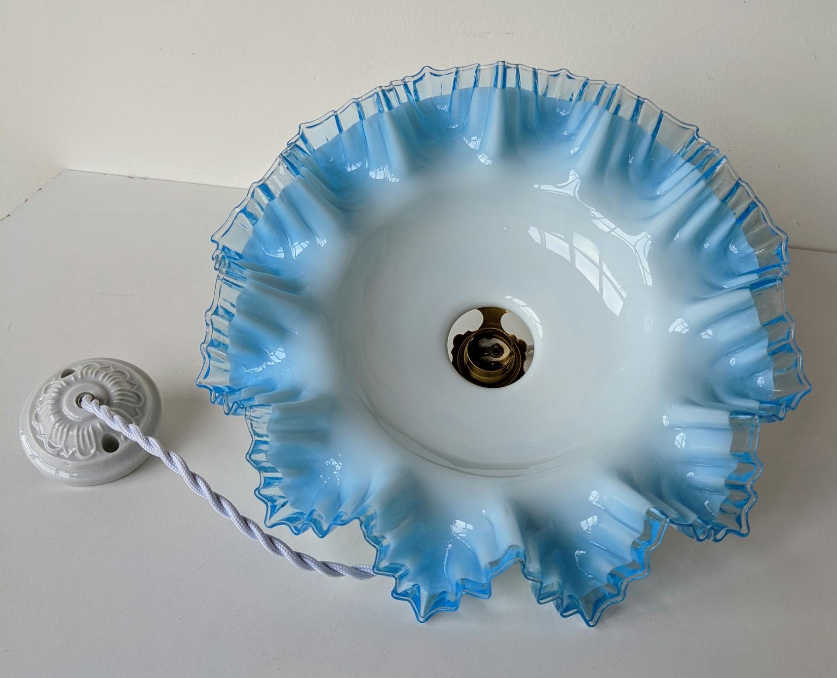 Old French suspension lamp in corrugated opaline glass gradient blue