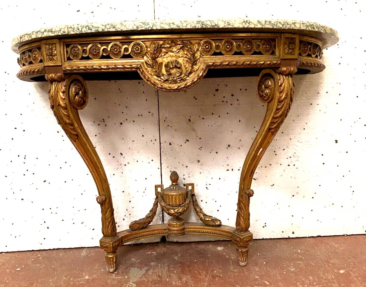 Louis XVI style console in gilded wood 20th century Veined green marble top