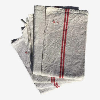 4 linen tea towels embroidered ML double red stripe