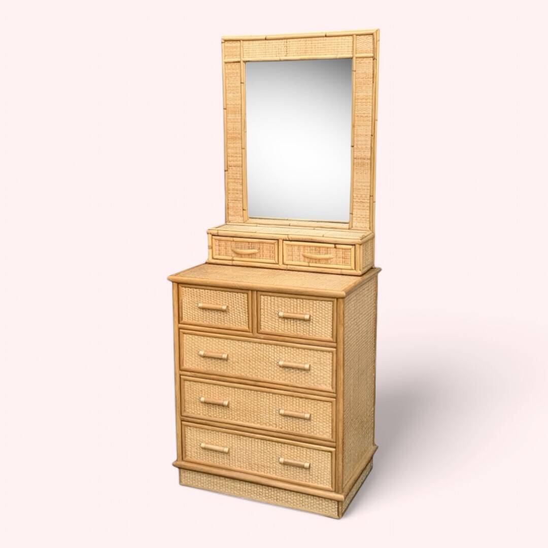 Rattan and woven wicker chest of drawers and mirror, 1970