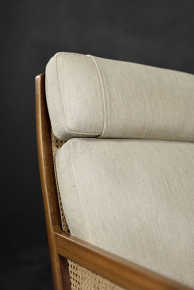 Mid-century modern Scandinavian mahogany armchair with French wicker by Bernt Petersen.