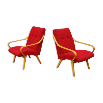 Pair of red armchairs model 6953 by Jaroslav Smidek published by TON