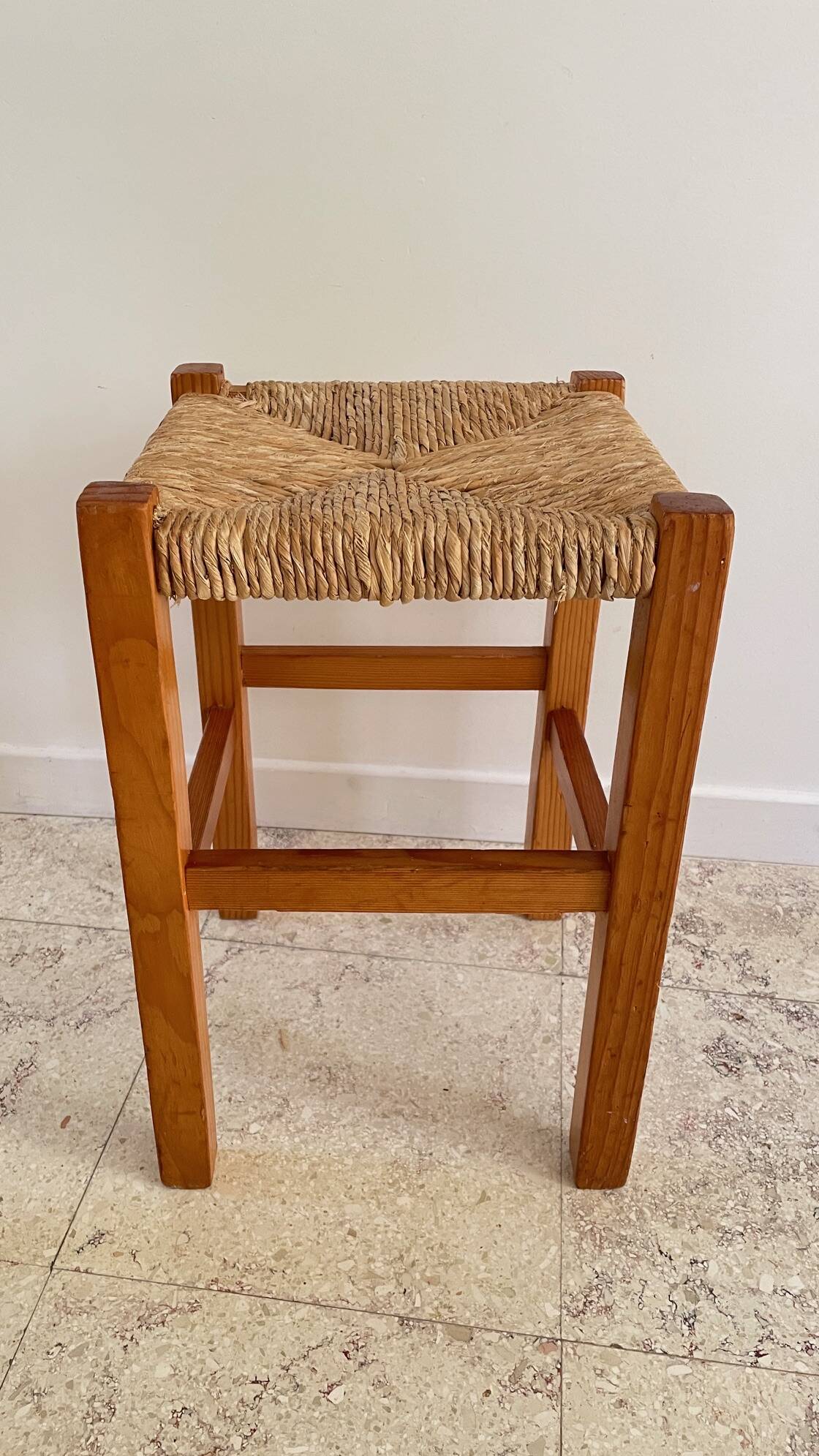 Pair of vintage wooden and straw stools