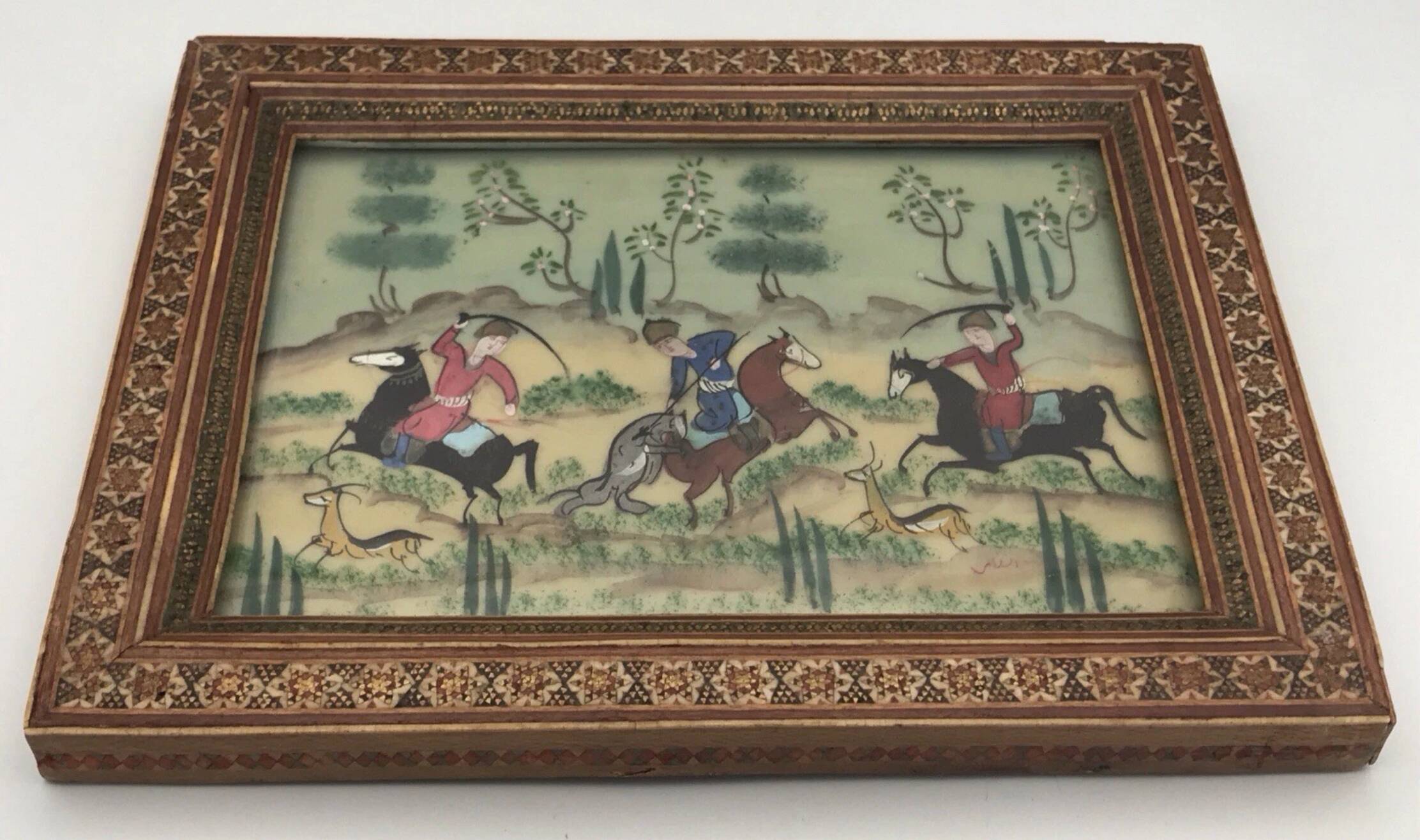 Ancient Indo-Persian painting with wooden mosaic frame