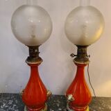 Pair of electrified nineteenth century kerosene lamp