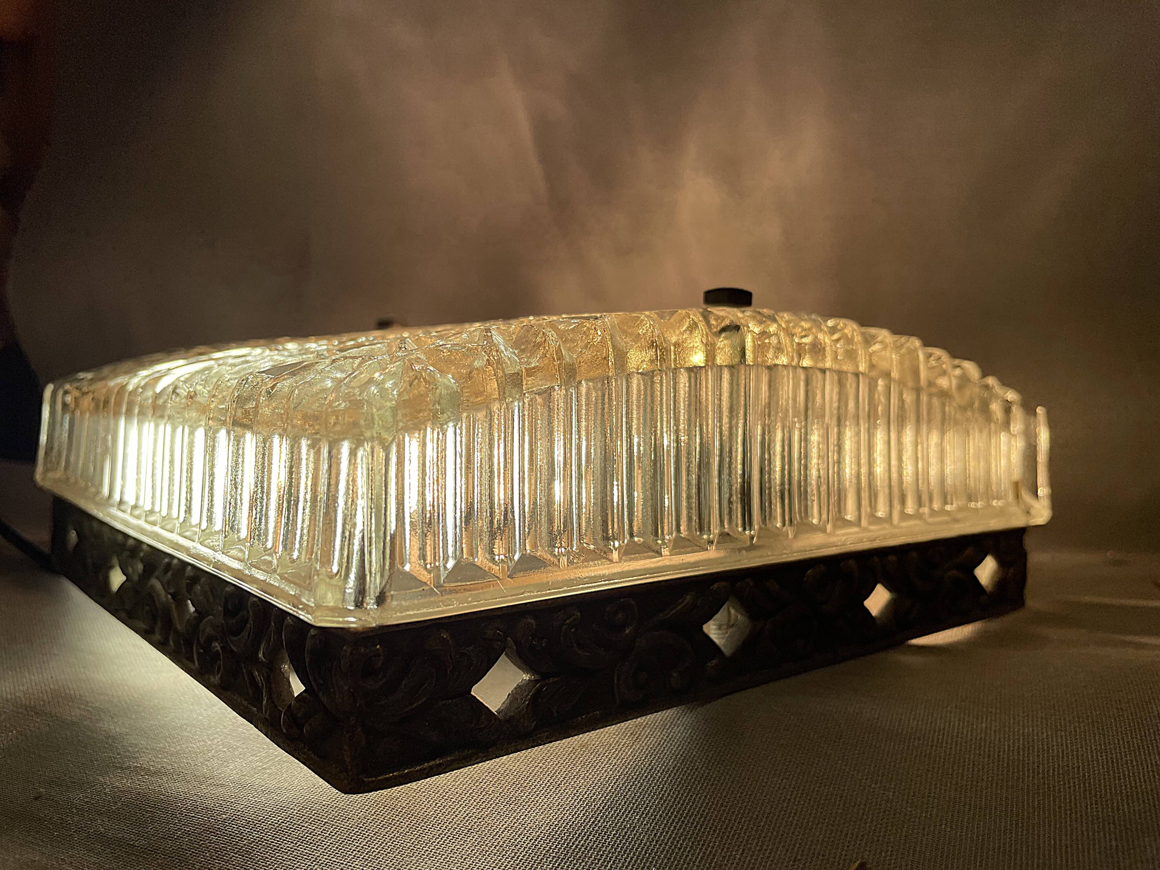 Square glass and bronze flush mount lamp, 1960s