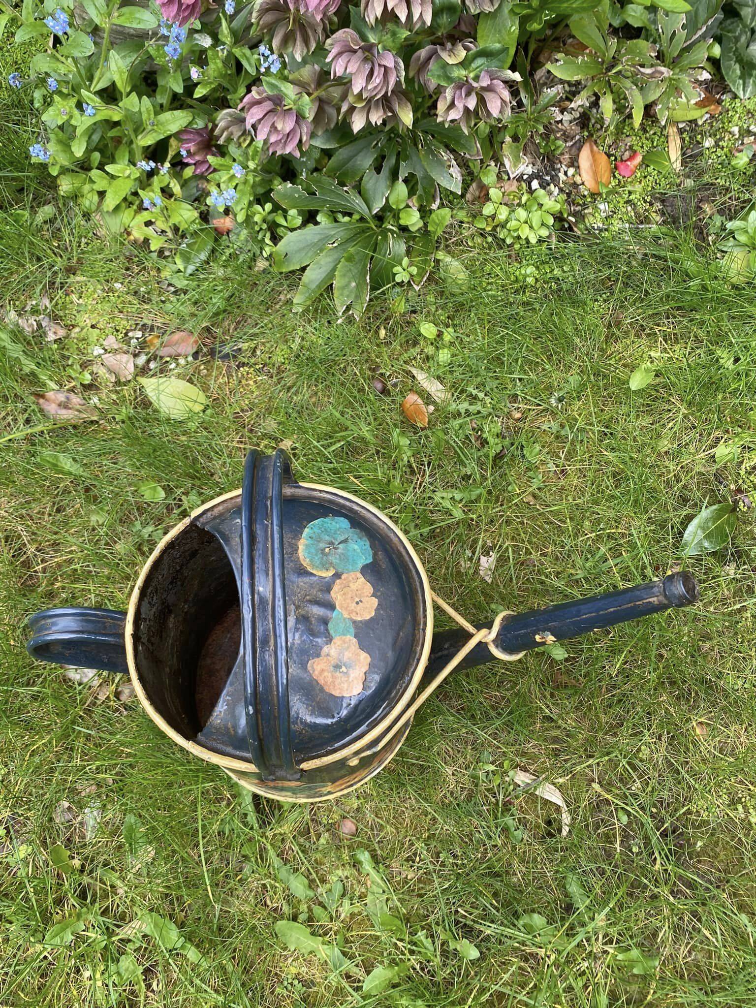 Very decorative metal watering can with “Pensées” decorations