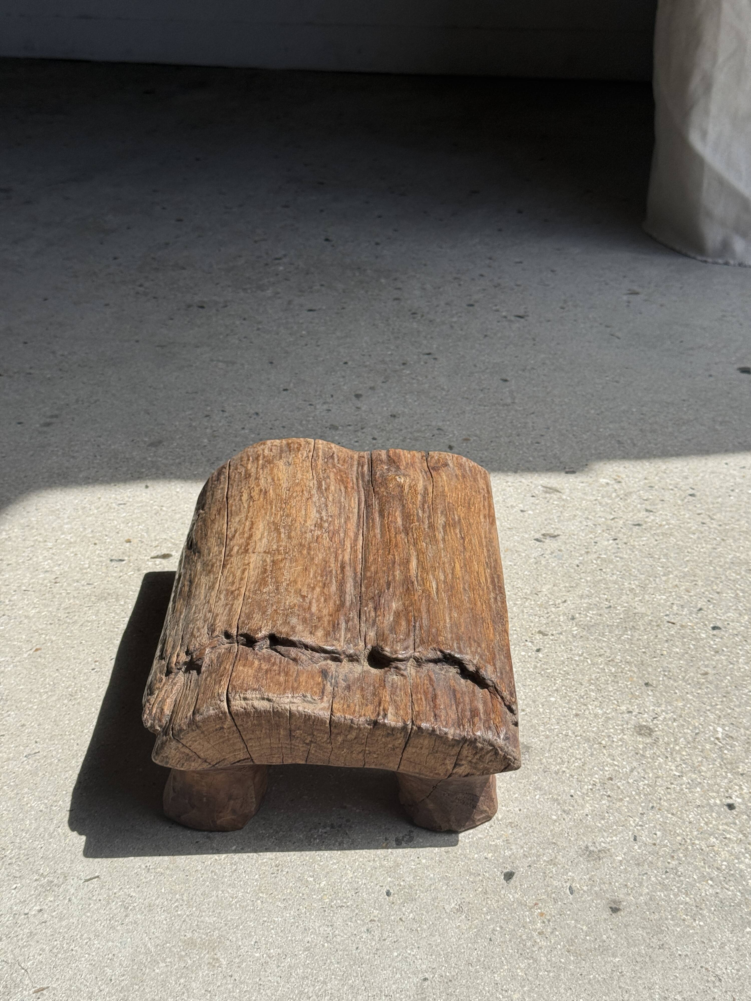 Small stool, footrest in organic blond teak monoxyle wabi-sabi L22