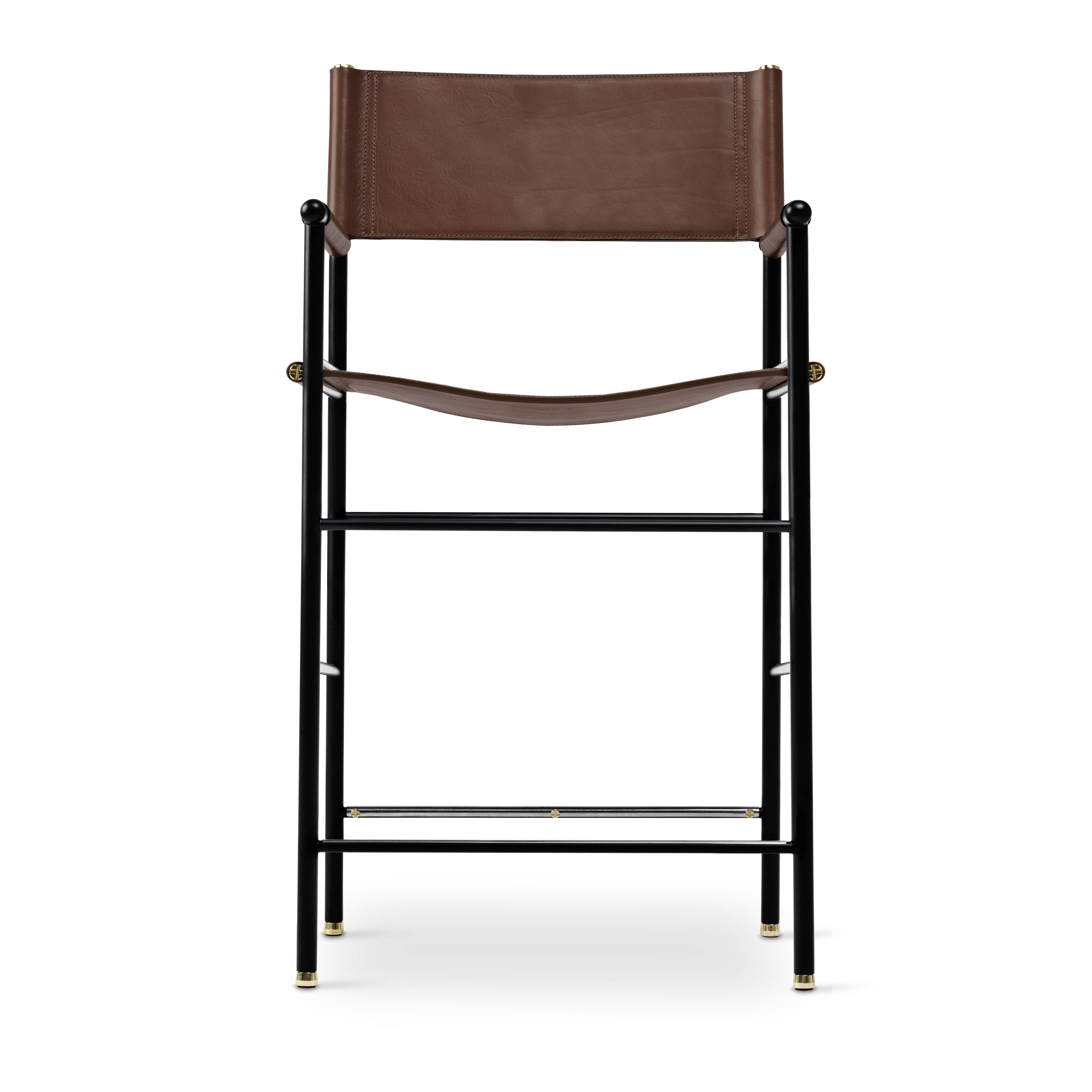 Pair of contemporary bar stools with dark brown leather backrest.