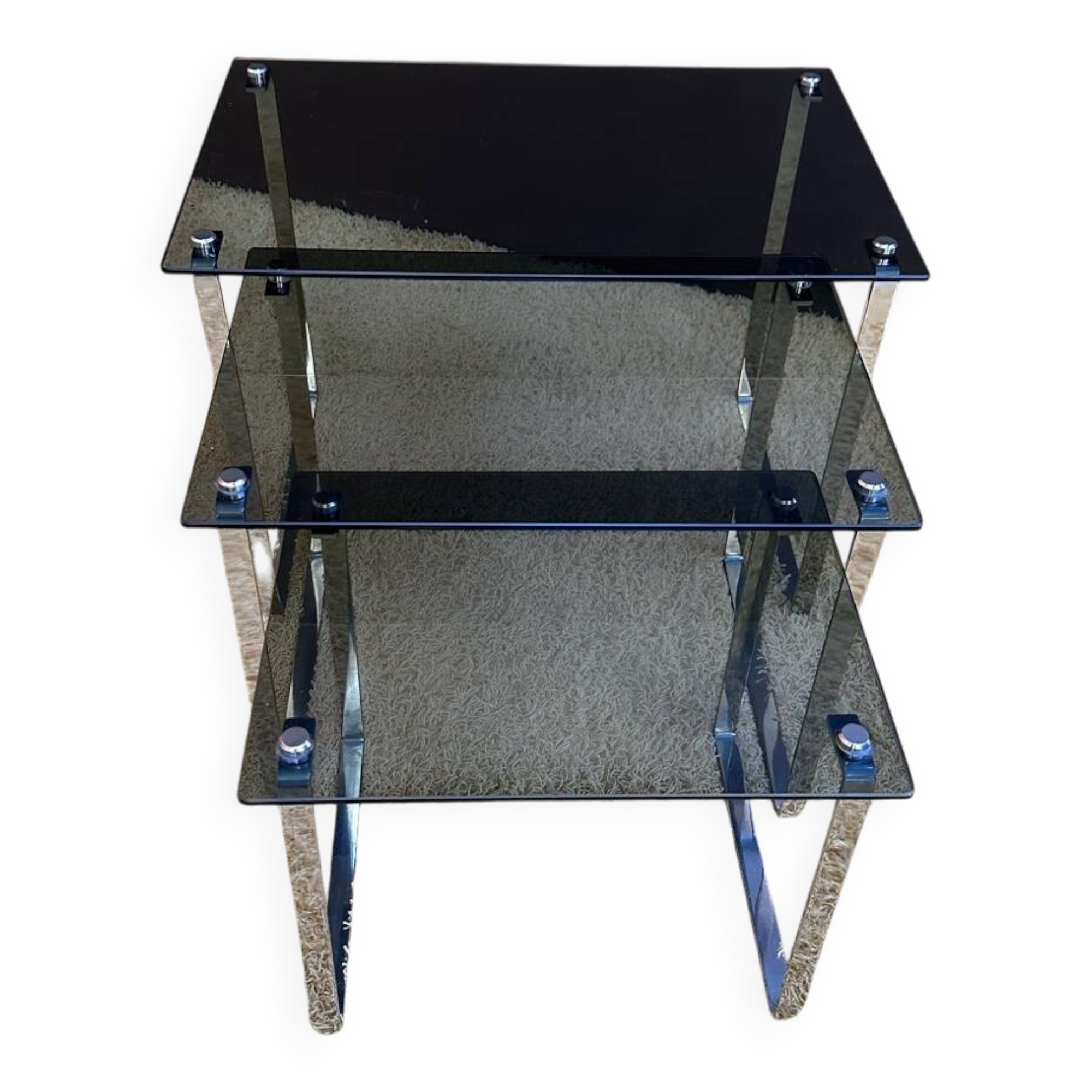 Set of 3 nesting tables in metal and smoked glass
