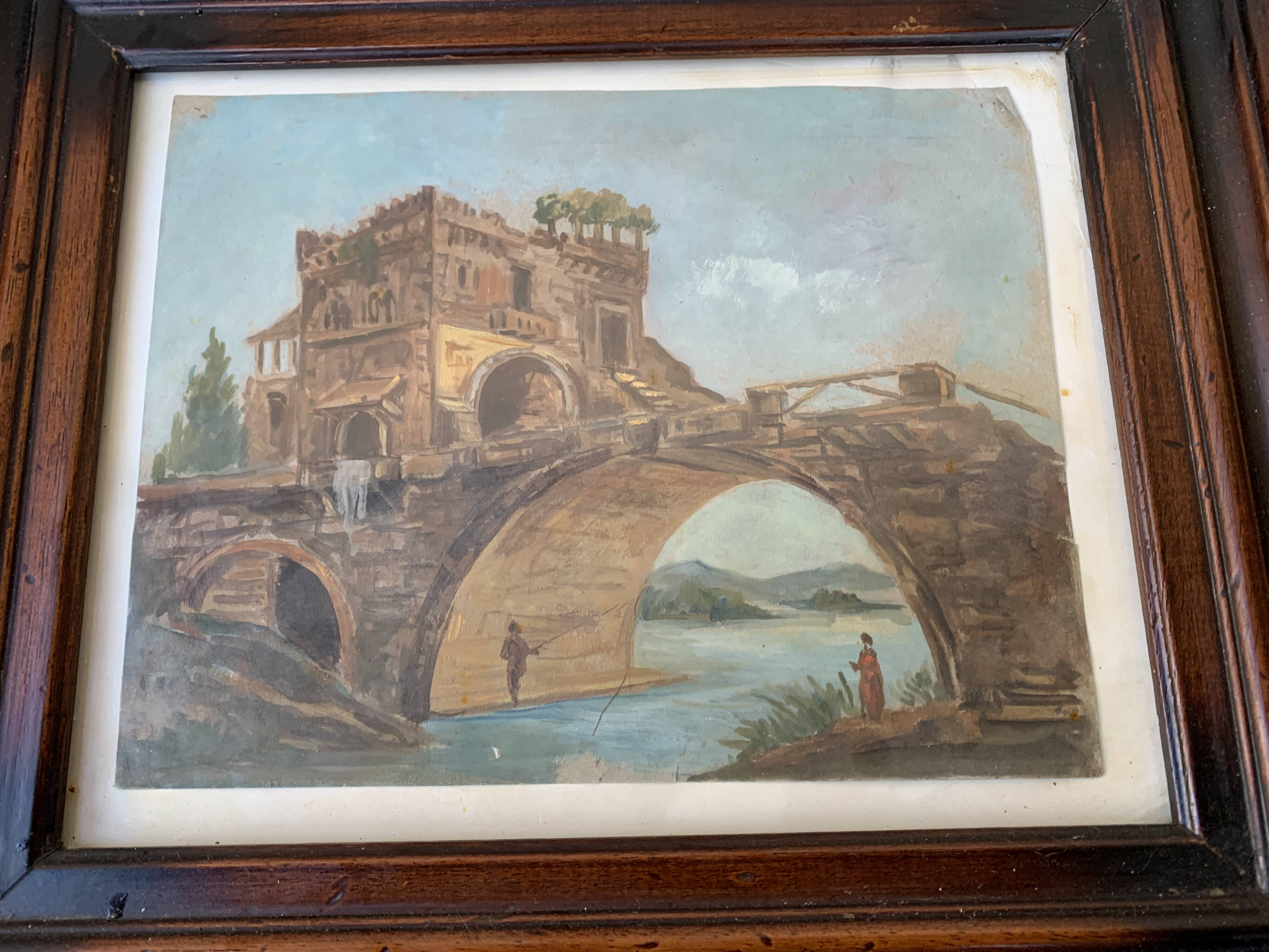 Landscape painting with bridge and figure
