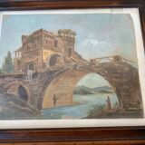 Landscape painting with bridge and figure