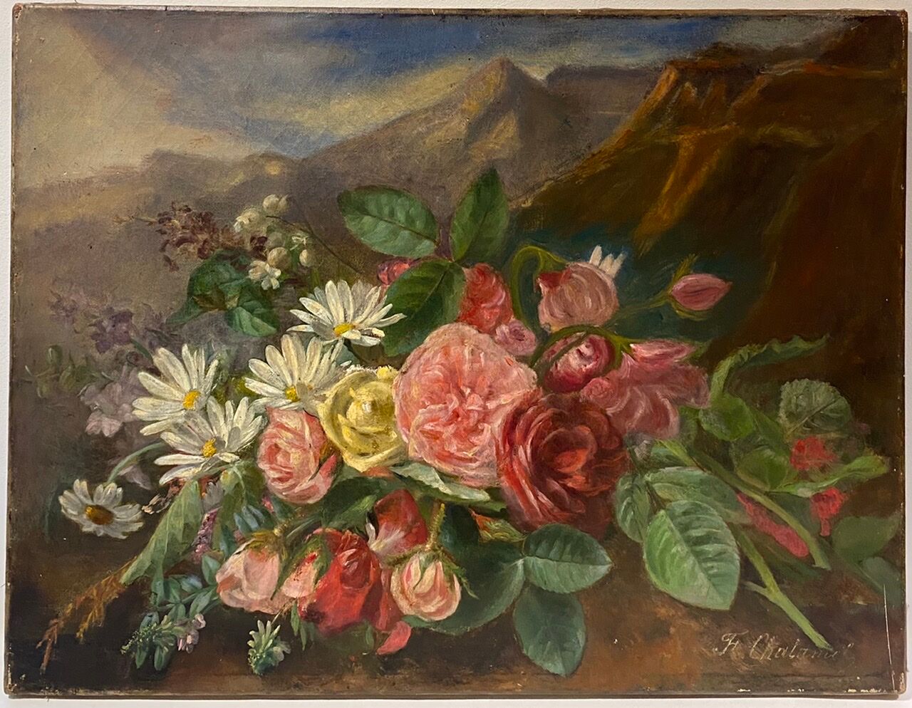 Old painting, still life with daisy roses and wild flowers, signed, early XX century