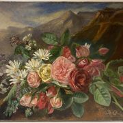 Old painting, still life with daisy roses and wild flowers, signed, early XX century