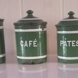 Set of 6 old enamelled jars with 6 trundle lids