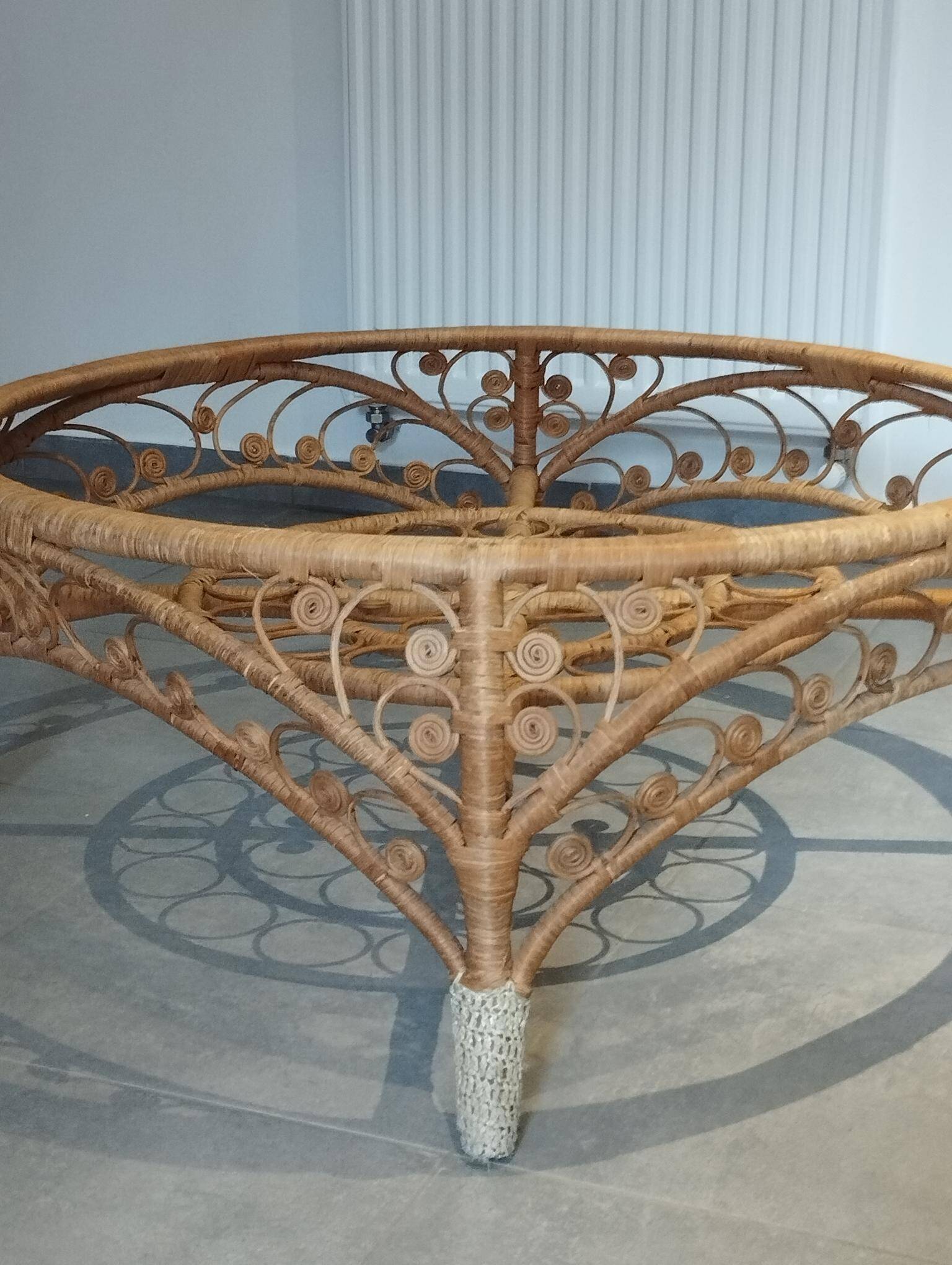 Large Peacock-French Riviera coffee table in rattan, bamboo, glass, vintage.