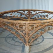 Large Peacock-French Riviera coffee table in rattan, bamboo, glass, vintage.