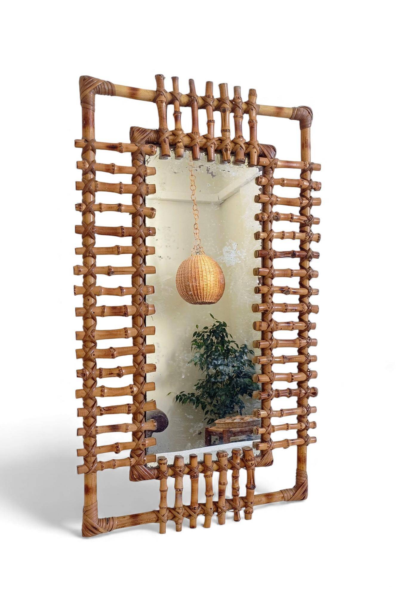 Mid-Century Bamboo & Rattan Mirror With Patina, French Riviera Style, 1950s