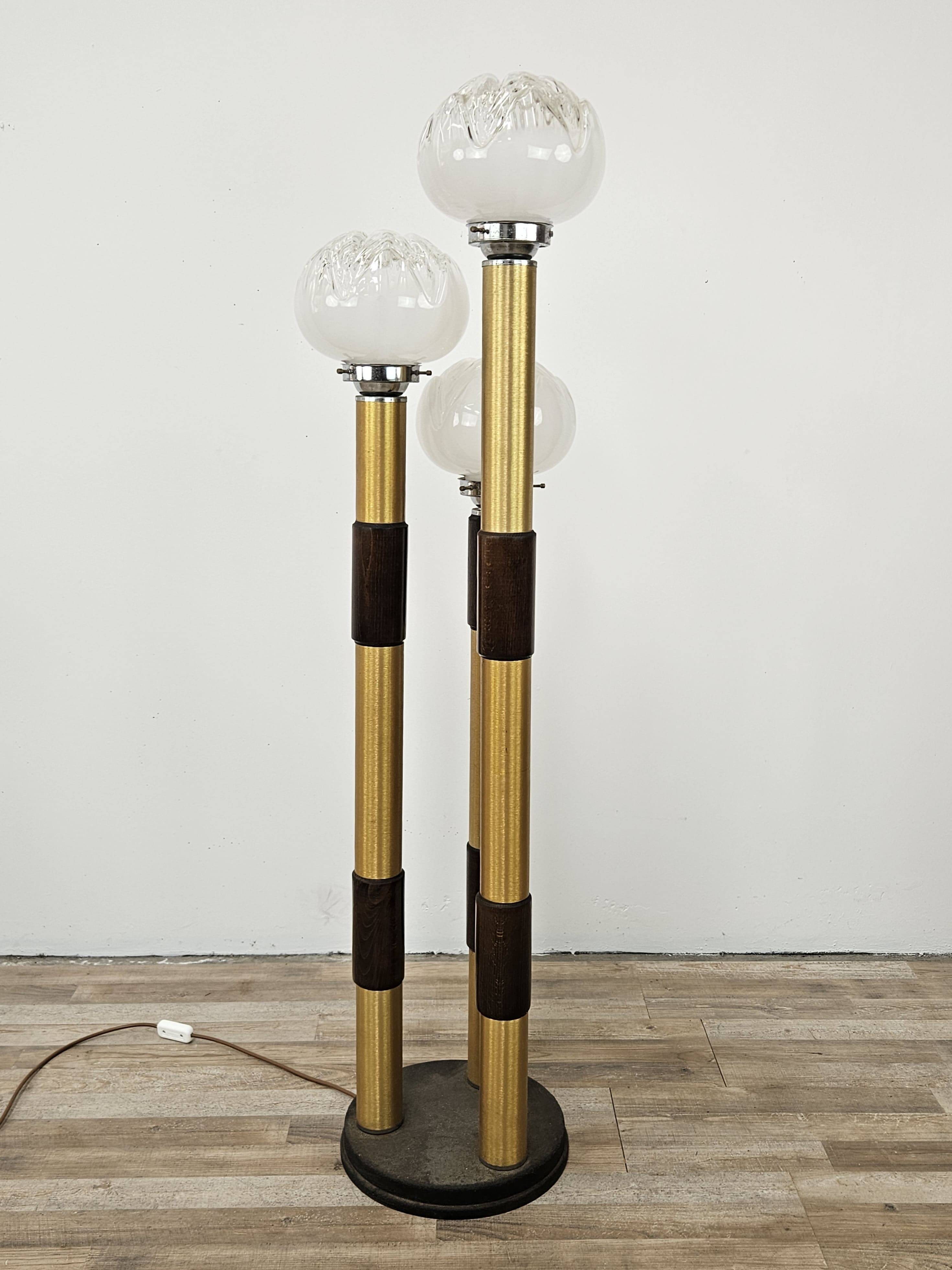 Mid-Century Murano Glass Floor Lamp in Wood and Metal with 3 Light Points