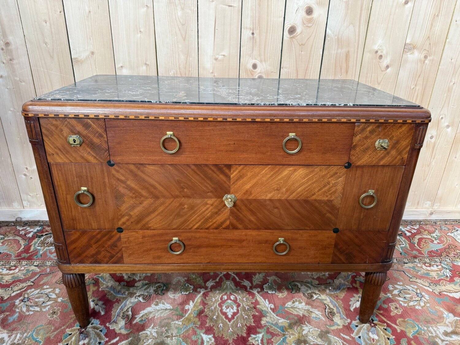 Art Deco walnut and black marble commode from the 1960s.