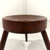 Tabouret trépied rustique ancien en bois, années 1900