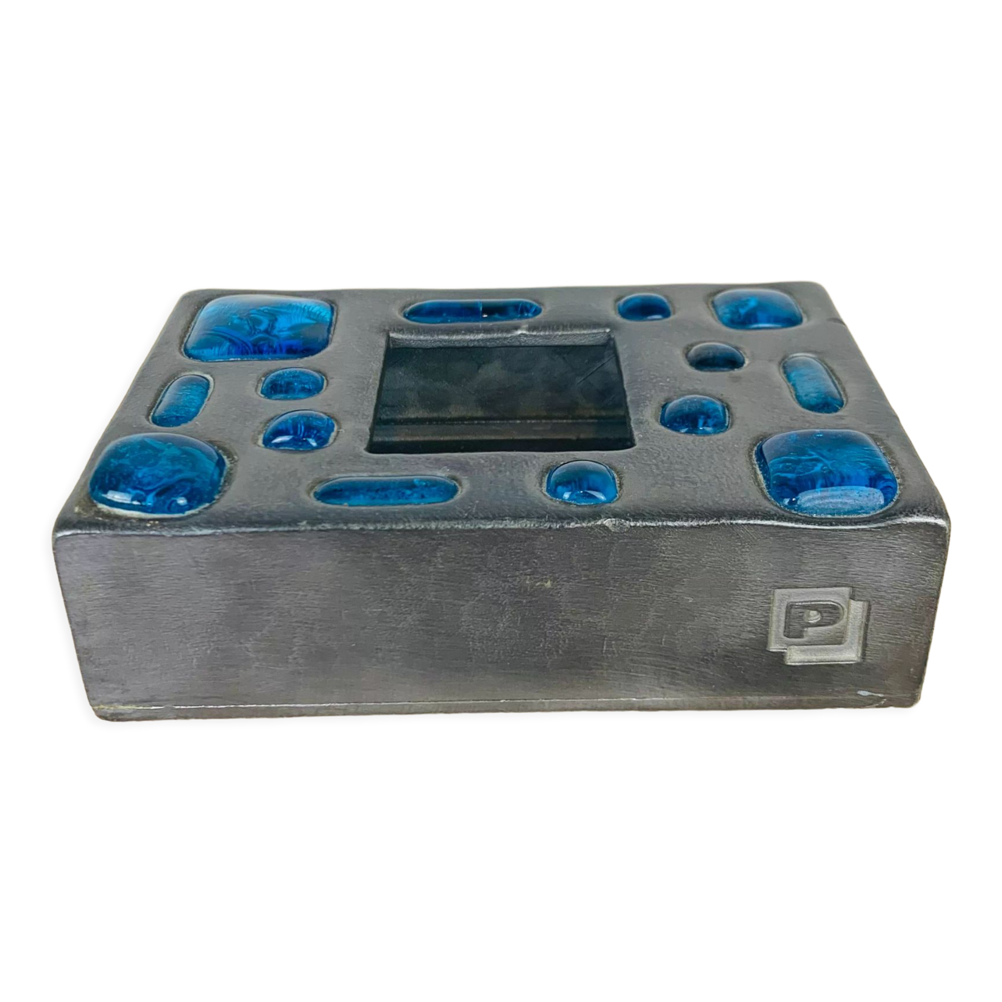 Decorative metal box and blue glass