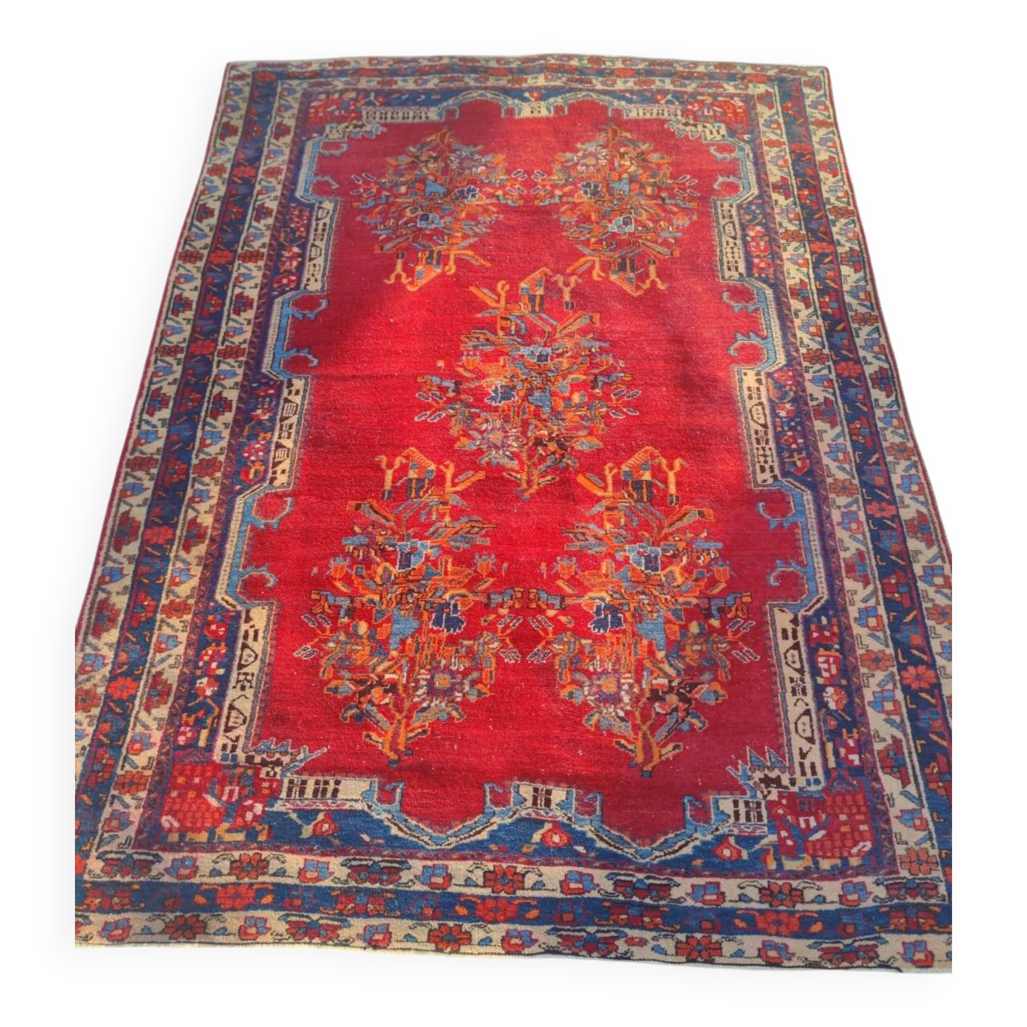Tapis d'Orient vintage en laine noué main rouge et bleu