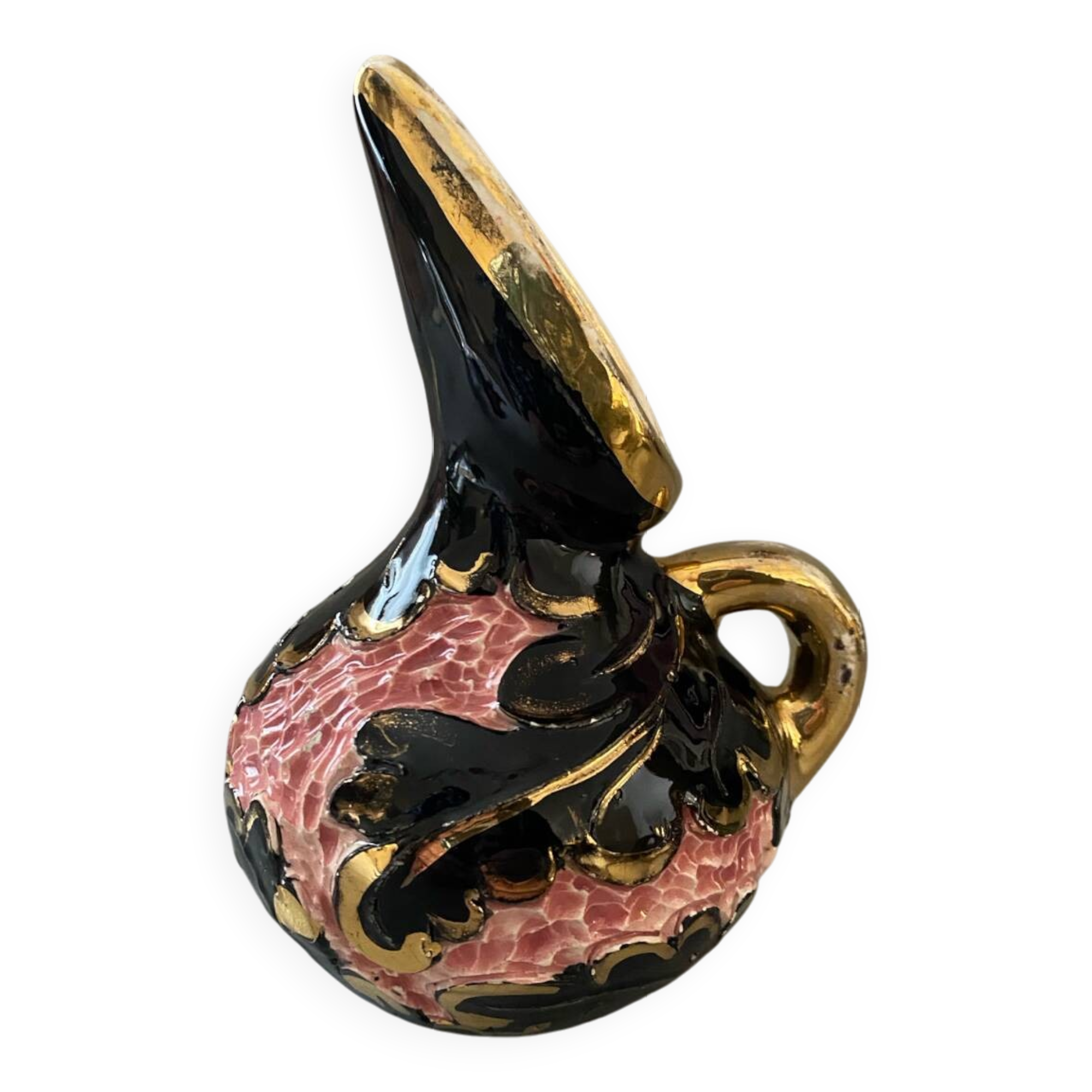 Vallauris vase or Monaco ceramic handmade black pink and gold