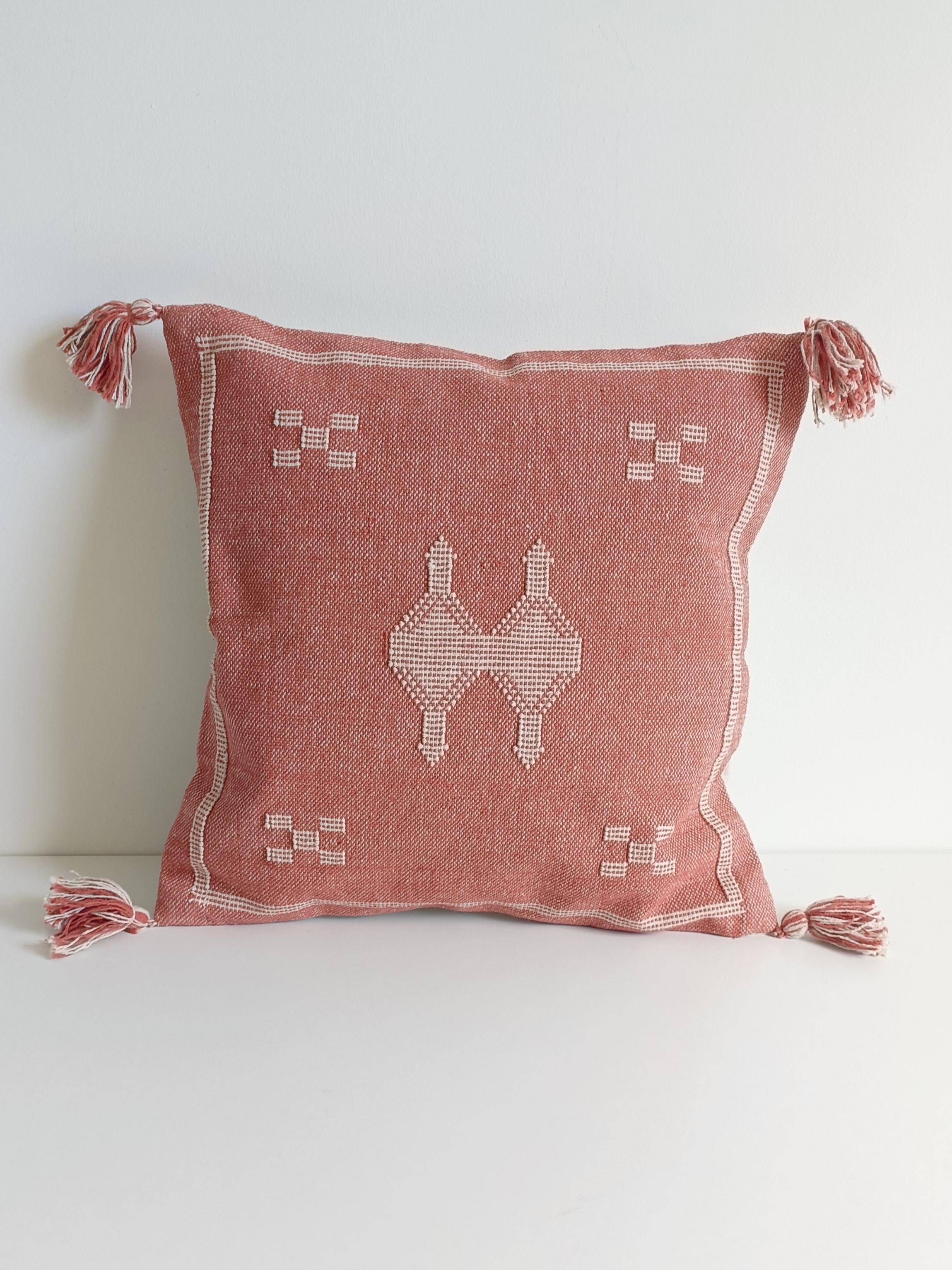 Coussin en lin marocain fait à la main, rose et crème, style mauresque, neuf