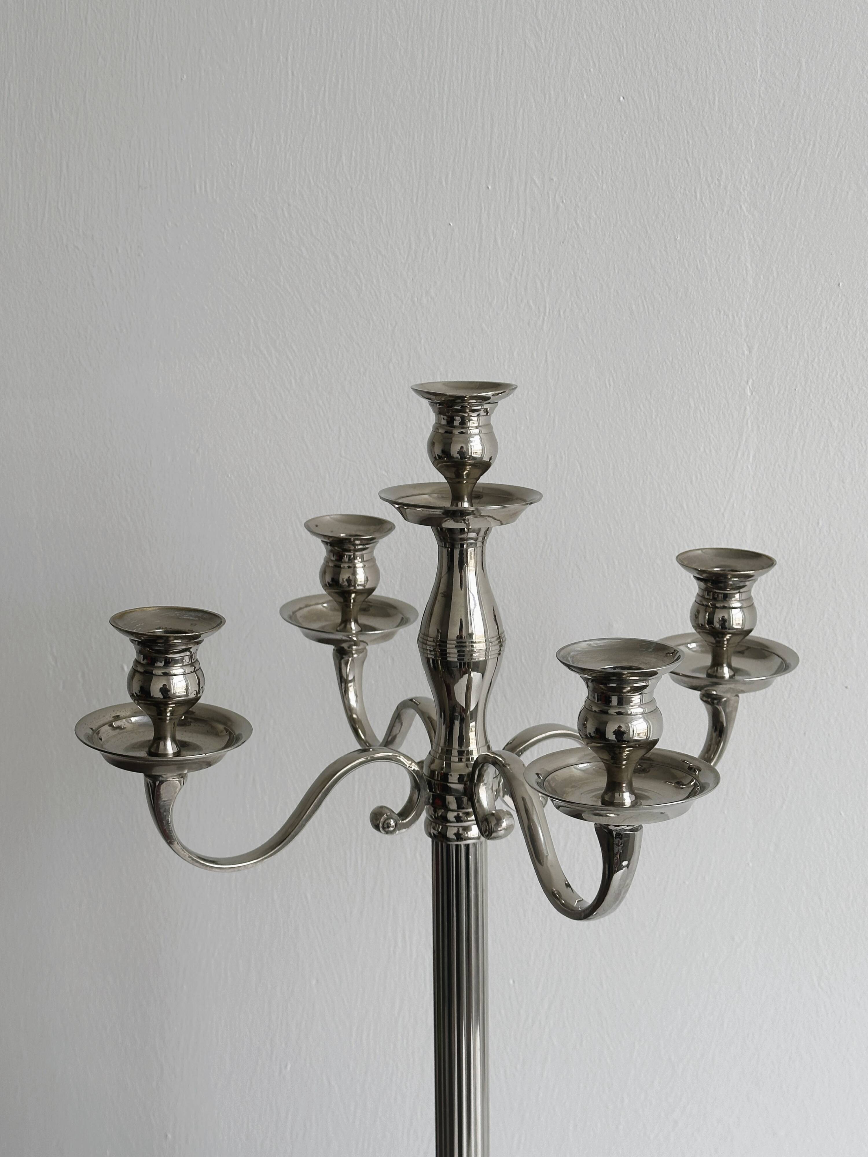 Large 5-arm candlestick in shiny silver metal