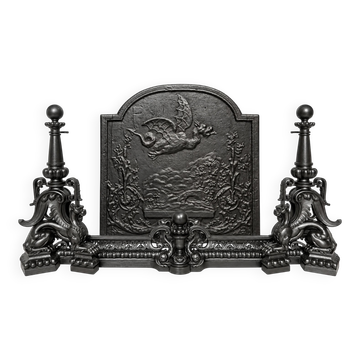 19th-century cast iron fireplace set, bar, andirons & plaque with griffins