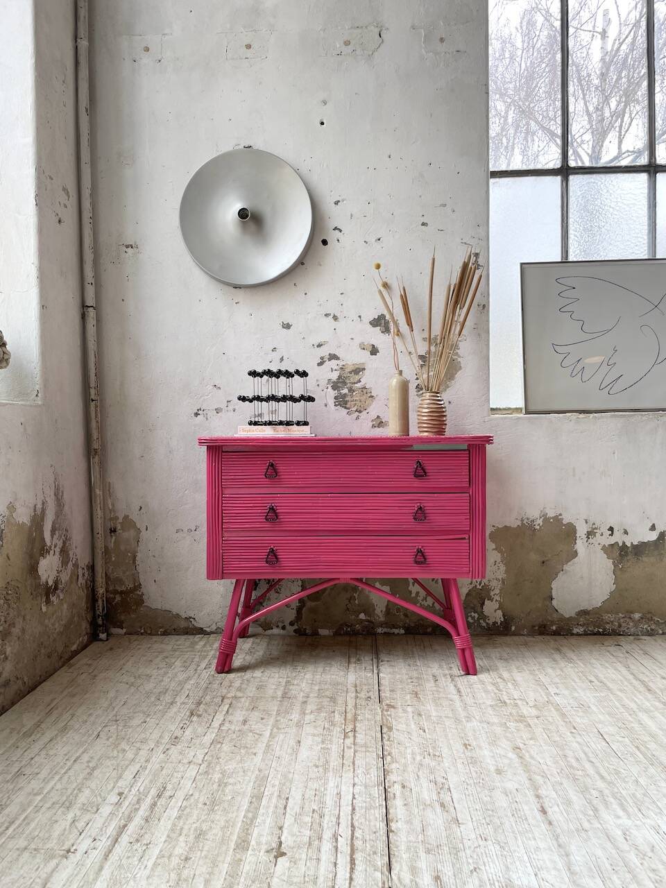 Vintage pink rattan chest of drawers