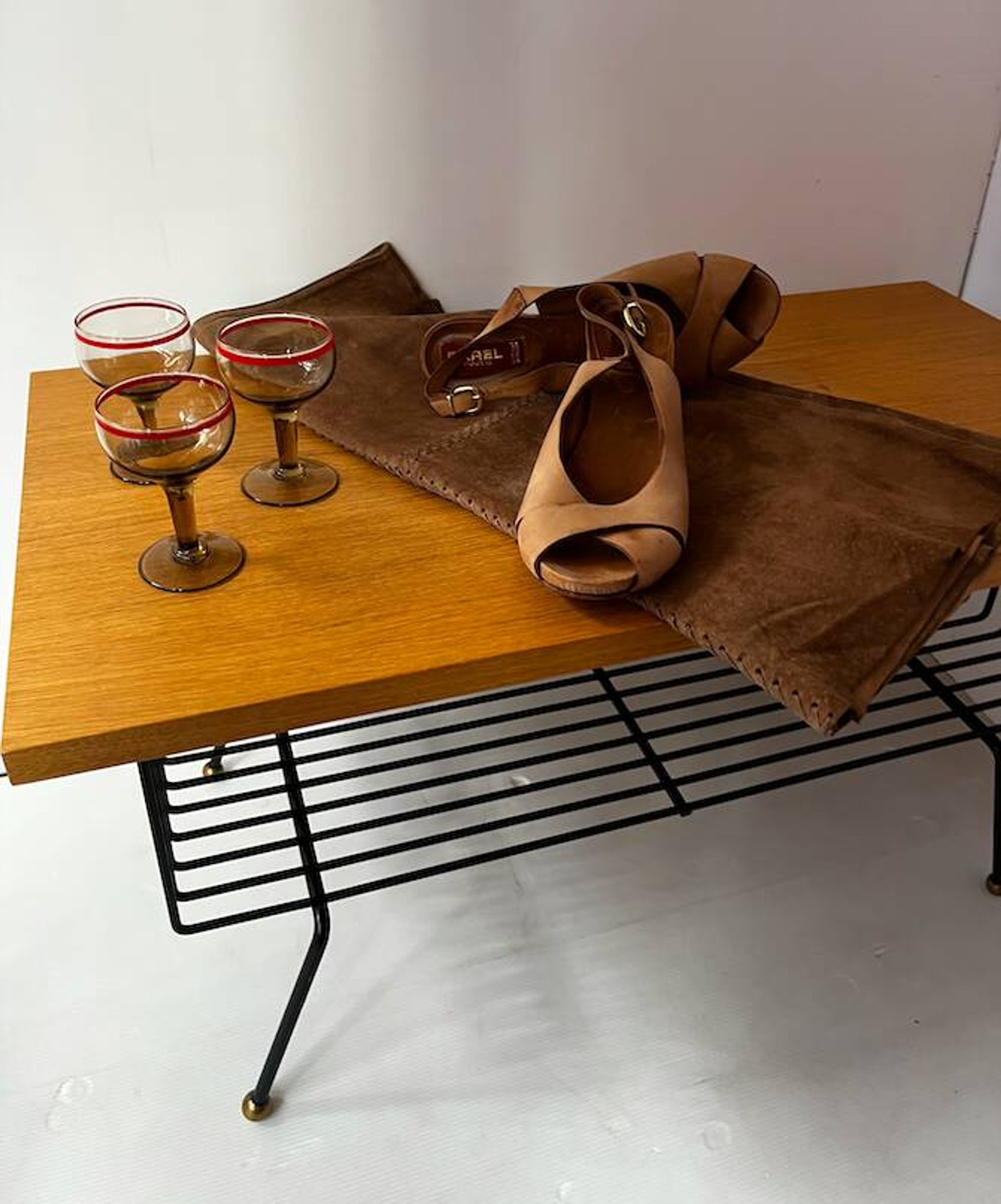 Vintage coffee table wood metal brass 1950s