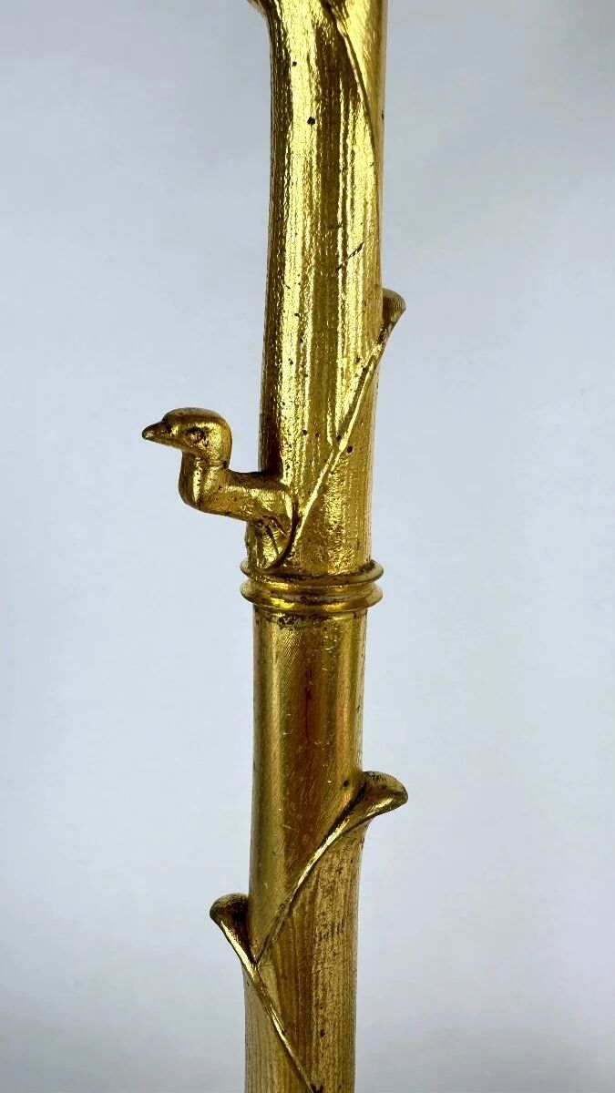 Pair of candelabra with a crane in gilded bronze, bamboo model.