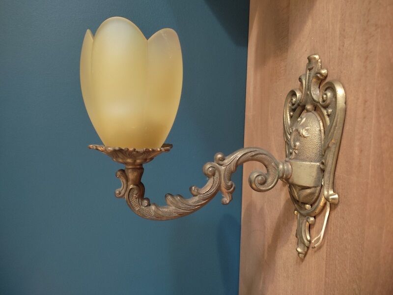 Wall lamp lampshade glass paste flower support brass Dp 0222f056 old art