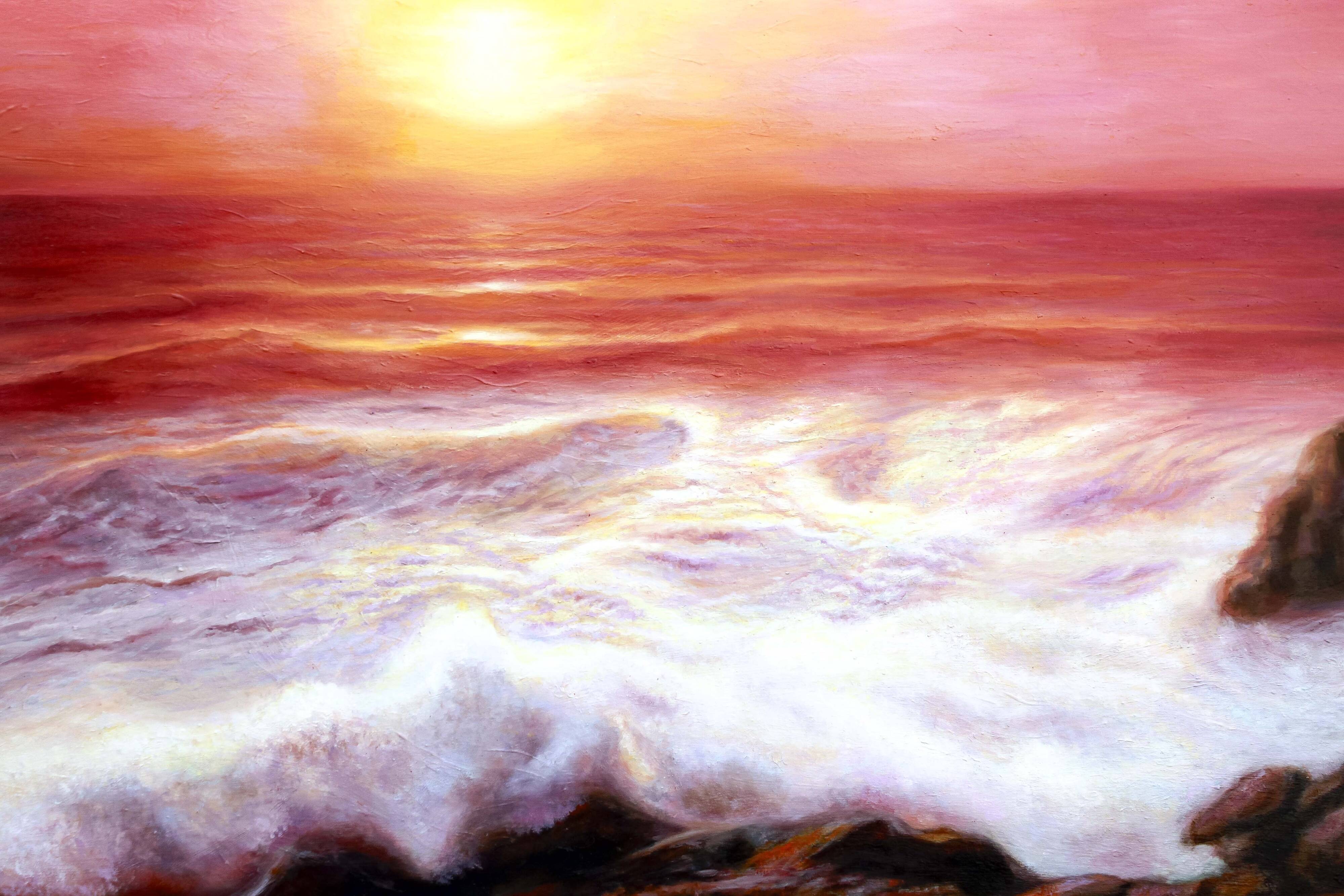 Cuadro del mar al oleo. Pintura de puesta de sol en el mar.