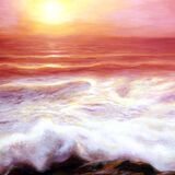 Cuadro del mar al oleo. Pintura de puesta de sol en el mar.