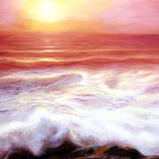Cuadro del mar al oleo. Pintura de puesta de sol en el mar.