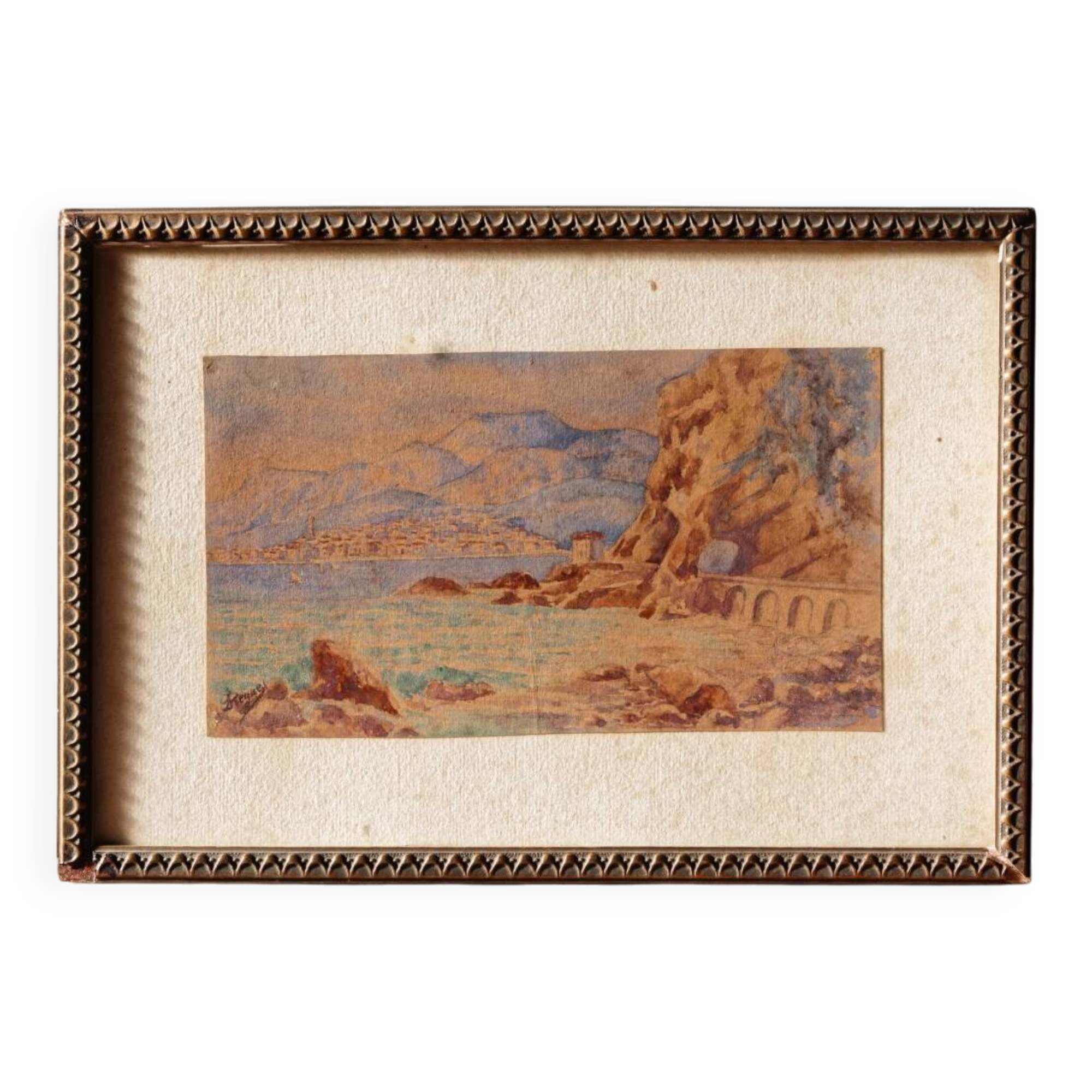 Signed watercolor, red rocks of Menton