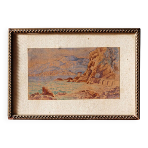 Aquarelle signée, roches - rouges