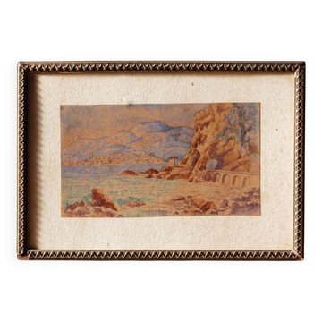 Signed watercolor, red rocks of Menton